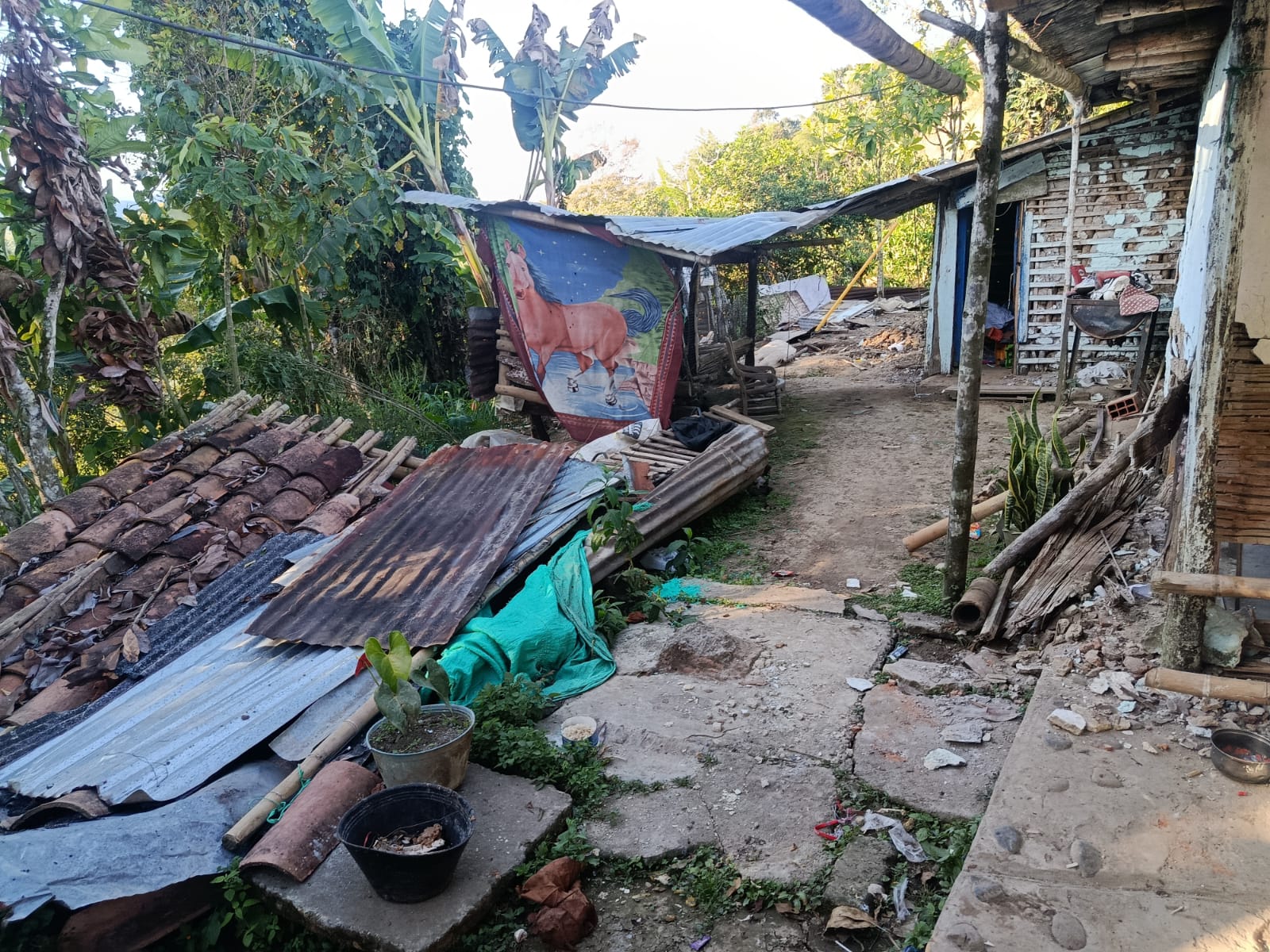 Vivienda rural con el techo de teja y zinc caído sobre el patio